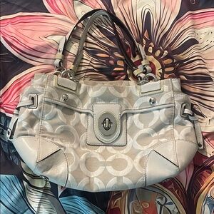 Coach Signature Cream Shoulder Bag with mint green lining